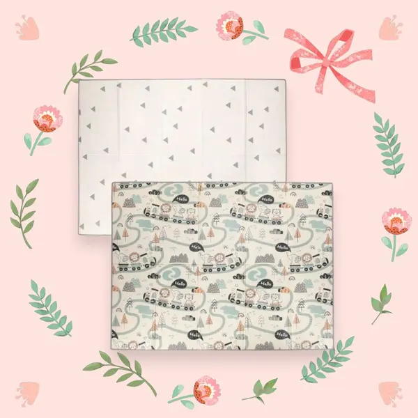 Covoras de joaca FreeON Magic Road, cu doua fete, pliabil, protectie impotriva loviturilor, 200 x 150 cm, cu imprimeu pe ambele parti, 0 luni+, multicolor