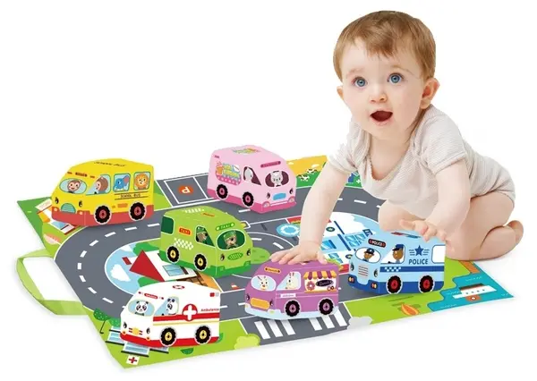 Covoraș de joacă pentru bebeluși Raya Toys - 2 în 1, 6 mașinuțe moi