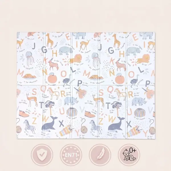 Covoras de joaca, Primabobo, Cu doua fete, Pliabil, Protectie impotriva loviturilor, 150x180 cm, 0 luni+, Animalute, Albastru
