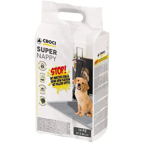 Covorase absorbante pentru caini Croci Super Nappy, No Yellow Spot, Carbon activ, 84 x 57 cm, 14 bucati