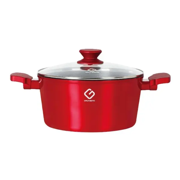 Cratita Aluminiu, Ceramica Marmorata, cu Capac, Compatibila Plita Inductie, Rosie, 20 x 9.50 cm, 2.30 l, Grunberg