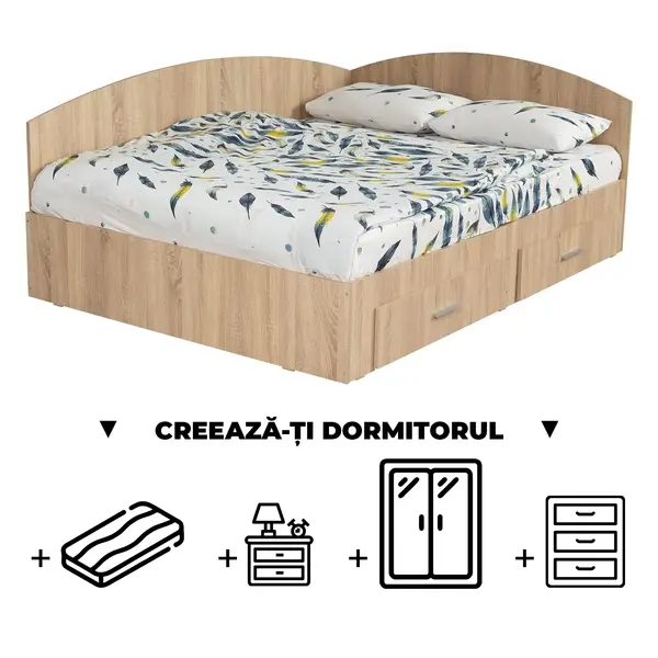 Creeaza-ti Dormitorul ALMA, sonoma deschis, de la Pat Colt Alma 140x200 cm, cu 2 sertare laterale pe role, adauga Saltea, Noptiere, Comoda, Dulap