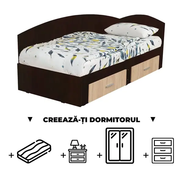 Creeaza-ti Dormitorul ALMA, sonoma inchis + sonoma deschis, de la Pat Colt Alma 90x200 cm, cu 2 sertare laterale pe role, adauga Saltea, Noptiere, Comoda, Dulap
