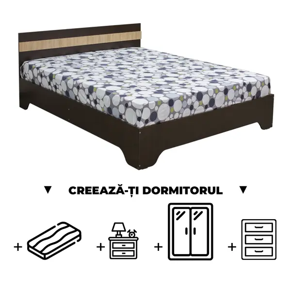 Creeaza-ti Dormitorul ALMA, sonoma inchis + sonoma deschis, de la Pat cu picioare Alma 140x200 cm, adauga Saltea, Noptiere, Comoda, Dulap