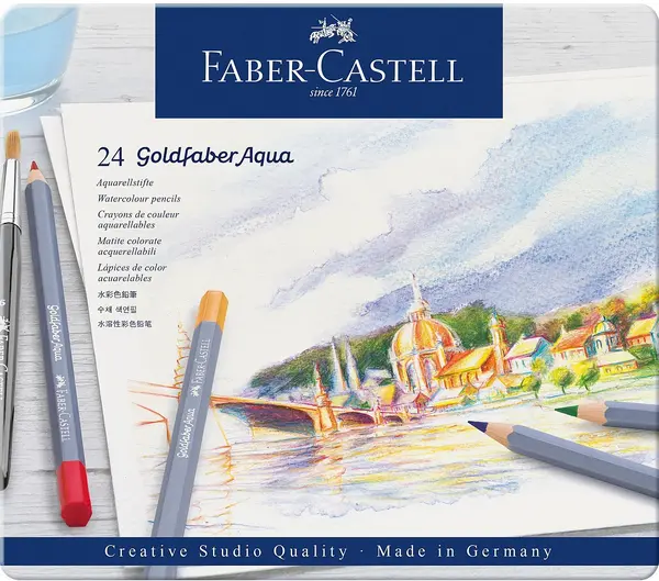 Creioane acuarelabile Faber-Castell Goldfaber Aqua - 24 culori, în cutie metalică