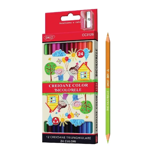 Creioane bicolor, 24culori/set, cu ascutitoare, Daco