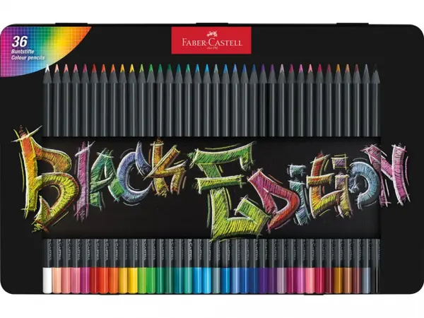 Creioane Black Edition Faber-Castell 36 set, cutie metal, triunghiulare