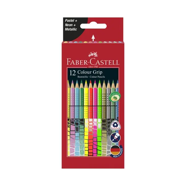 Creioane color, 12culori, Grip, neon+pastel+metalizat, Faber-Castell