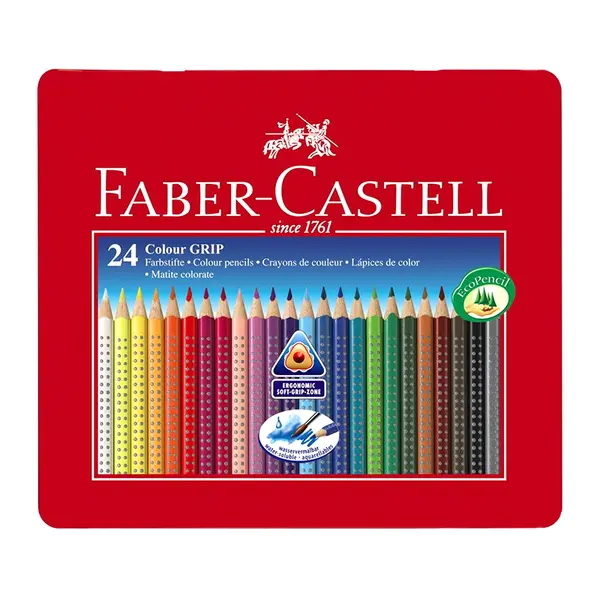 Creioane color, 24culori, cutie metal, Grip, Faber-Castell