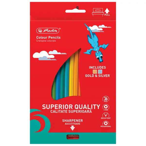 Creioane color hexagonale, mina 3mm, 36buc/set + ascutitoare si tavite glisante, Herlitz