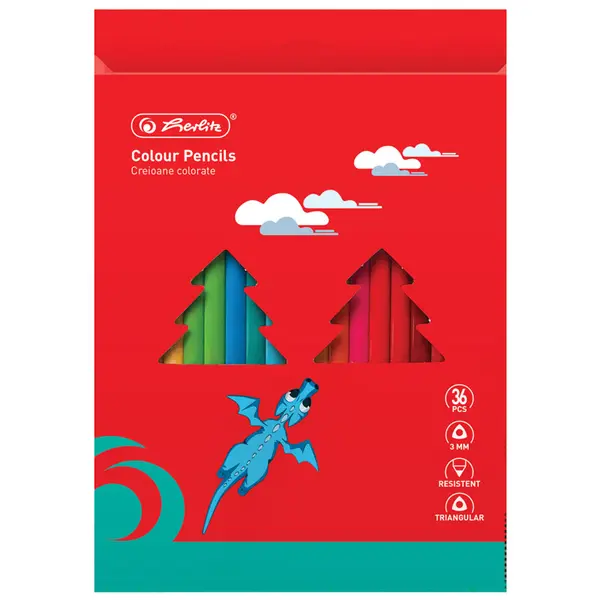 Creioane color triunghiulare, mina 3mm, 2 tavite plastic, 36buc/set, Herlitz