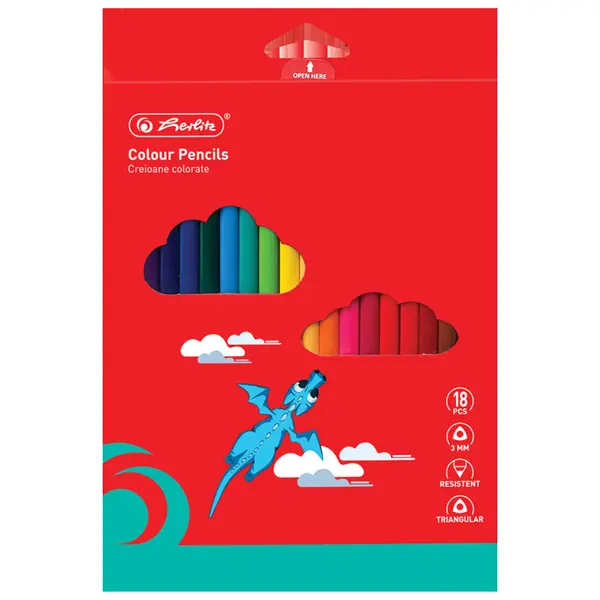 Creioane color triunghiulare, mina 3mm, tavita plastic, 18buc/set, Herlitz