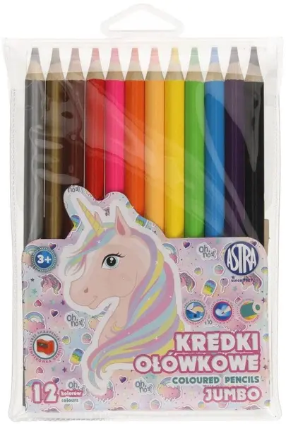 Creioane colorate Astra Jumbo - Unicorn, rotunde, 12 culori + ascutitoare