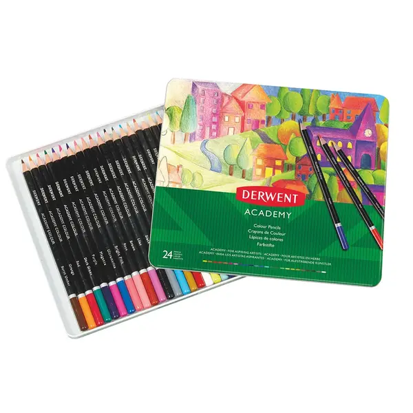 Creioane colorate Derwent Academy cutie metalica calitate superioara 24 buc/set Creioane colorate Derwent Academy cutie metalica calitate superioara 24 buc/set