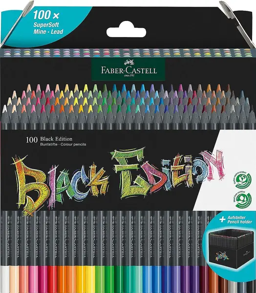 Creioane colorate Faber-Castell Black Edition - 100 de culori, în cutie metalică