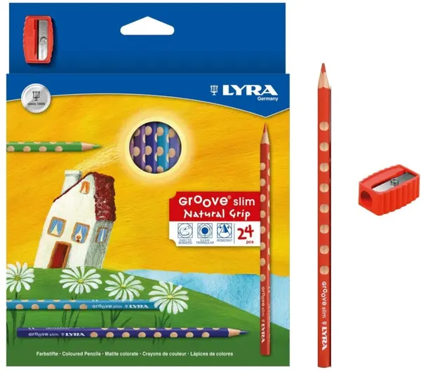 Creioane colorate LYRA Groove Slim + ascuțitoare triunghiulară, 24 de culori, ambalaj din carton