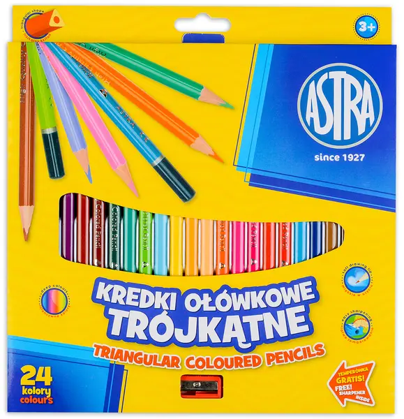 Creioane colorate triunghiulare Astra - 24 de culori, cu ascutitoare