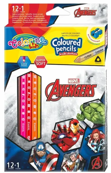 Creioane colorate triunghiulare Colorino Marvel Avengers 12 culori + 1 (cu ascutitoare)