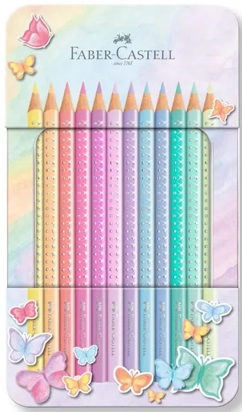 Creioane culoare Faber-Castell Sparkle - 12 culori pastelate, carcasa metalica