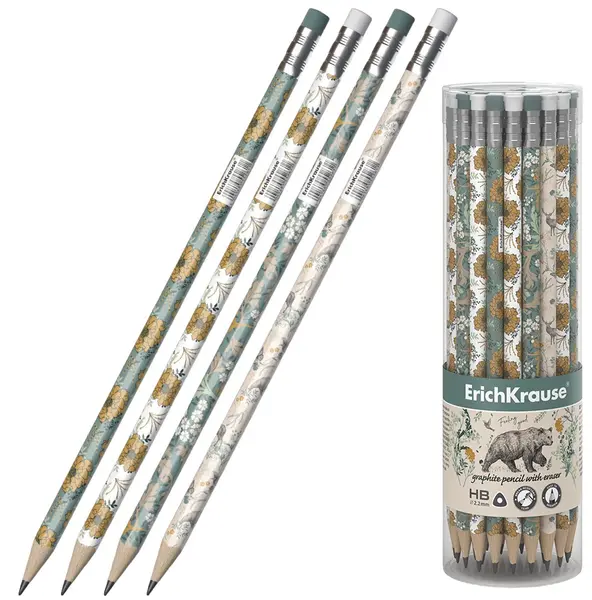 Creioane grafit cu radieră Erich Krause Natural Life - HB, în tub, 42 buc