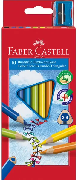 Creioane jumbo triunghiulare Faber-Castell - 10 culori, cu ascutitoare