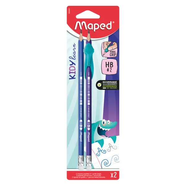 Creion cu guma, 2buc/blister + ghidaj pentru degete, HB, Maped Kiddy Learn