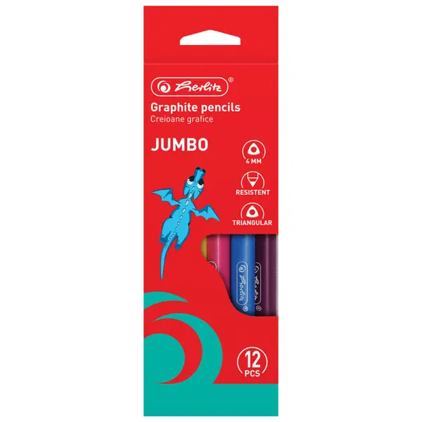 Creion cu guma triunghiular, gros, mina 2B, 4mm, 12buc/set, Herlitz
