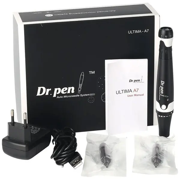 Creion cu Micro-Ace din Titan, Dermapen, Dr. Pen, Ultima A7C, 2x Rezerve 12 ace, Adancime 0.25 - 2.50 mm, 5 viteze, cu Fir