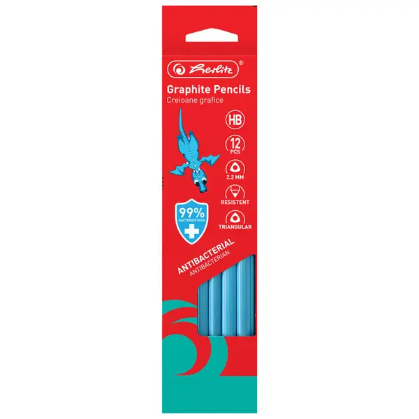 Creion fara guma triunghiular, HB, 2.2mm, antibacterial, 12buc/set, Herlitz