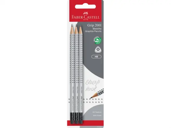 Creion HB cu guma Faber-Castell Grip 2001, 3 buc blister