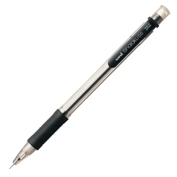 Creion mecanic UNI Shalaku M5-101, 0.5mm, grip cauciucat, cu guma de sters, corp transparent negru