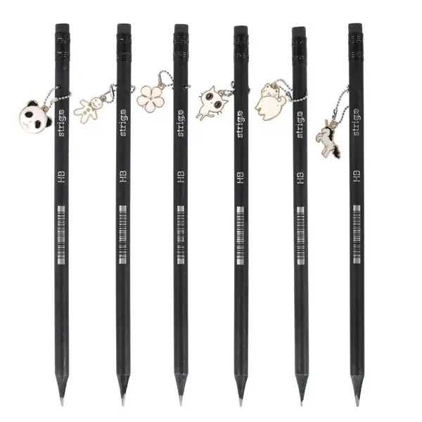 Creion Strigo HB Charms, lemn negru, cu pandantiv decorativ,diverse modele
