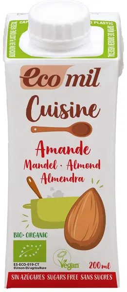 Crema bio de migdale pentru gătit, fără zahăr, 200 ml, Ecomil