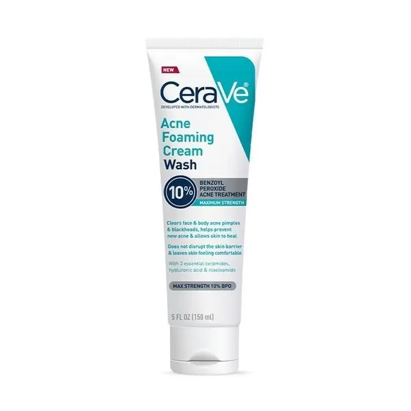 Crema de Spalare, CeraVe, Acne Foaming Cream Wash, pentru Piele Predispusa la Acnee, cu Peroxid de Benzoil 10%, 150ml