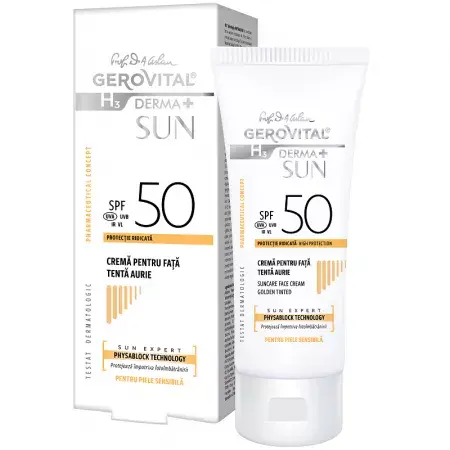 Crema pentru fata SPF 50 tenta aurie H3 Derma+ Sun, Gerovital, Farmec | 50 ml