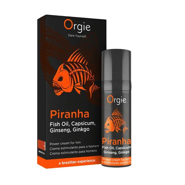Cremă stimulantă pentru erecție ORGIE – Piranha Power Cream, efect de încălzire și stimulare, cu ginseng și ginkgo biloba, 15 ml