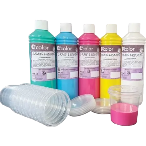 Creta lichida pentru asfalt 5 x 500 ml si 10 recipiente pentru pictura