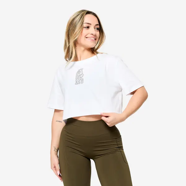 Crop top pentru antrenamente de forță croială largă alb damă