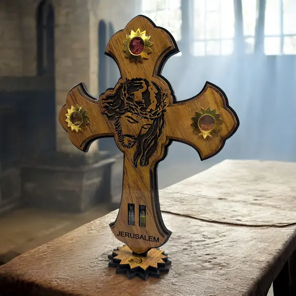 Cruce din lemn de Măslin cu Iisus Hristos , ulei sfânt, apă din Râul Iordan și 4 elemente sfinte ale Ierusalimului - Default Title