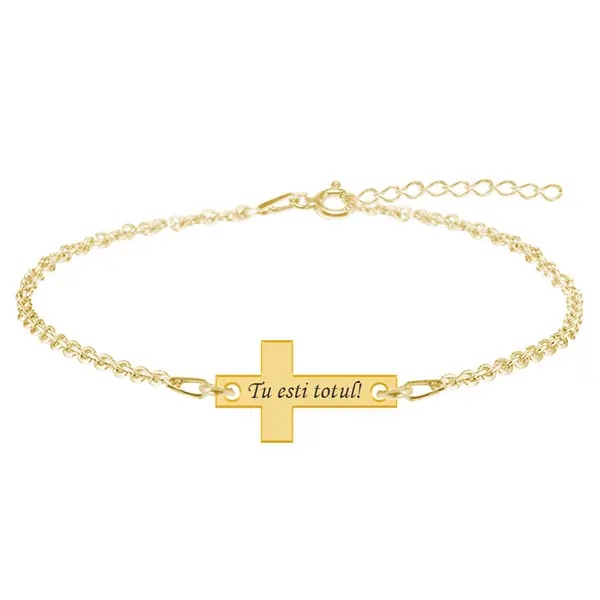 Crux - Bratara personalizata din argint placat cu aur galben 24K cruce cu text