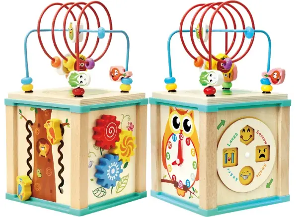 Cub activitati copii din lemn 5 in 1 cu animale - Montessori 1 an+