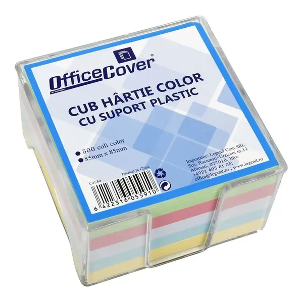 Cub hartie notes Office Cover, 500 coli, 85 x 85 mm, 5 culori, cu suport plastic transparent