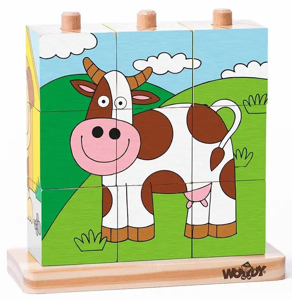 Cubulete din lemn de stivuit Woody - Animale de companie, 9 piese