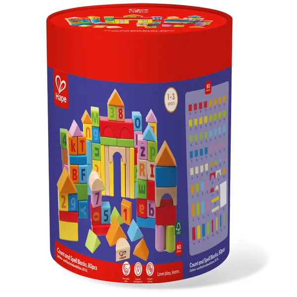 Cuburi din lemn de construit cu litere si cifre (80 piese in cutie cartonata)