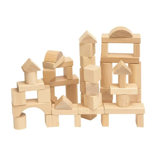 Cuburi din lemn naturale, set constructie 50 piese
