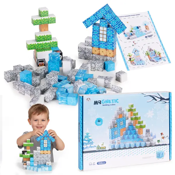Cuburi magnetice pentru copii, 124 piese, tematica iarna, multicolor KID008315, la doar 143,00 lei