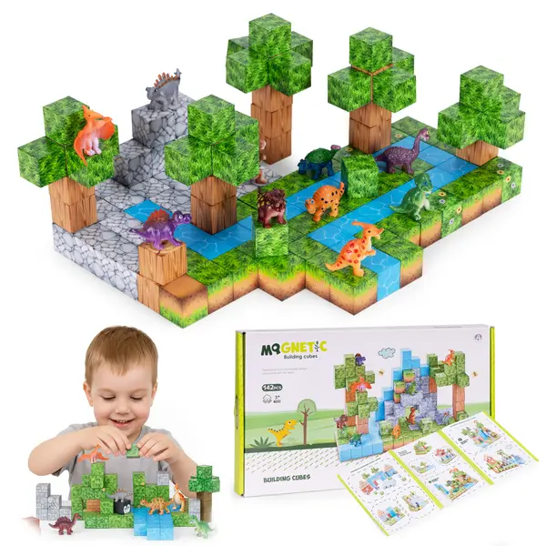 Cuburi magnetice pentru copii, 142 piese, dinozauri, multicolor KID008421, la doar 164,00 lei