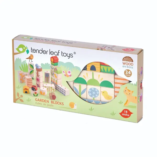 Cuburi stivuibile din lemn, Tender Leaf Toys, cu ilustratii din gradina, 24 piese