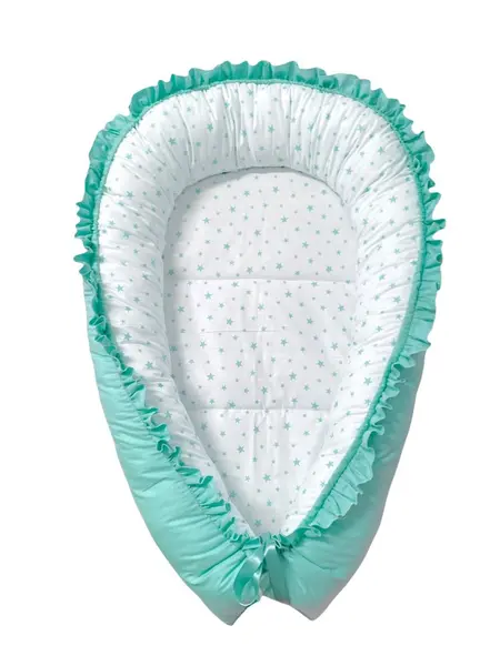 Cuib pentru bebelusi cu desfacere si volanase verde menta - stelute verde menta pe alb