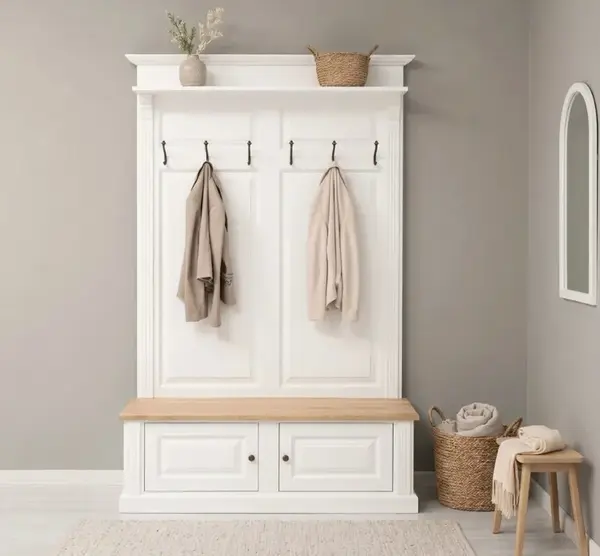 Cuier cu 2 usi, cu blat stejar cu finisaj White / Natural